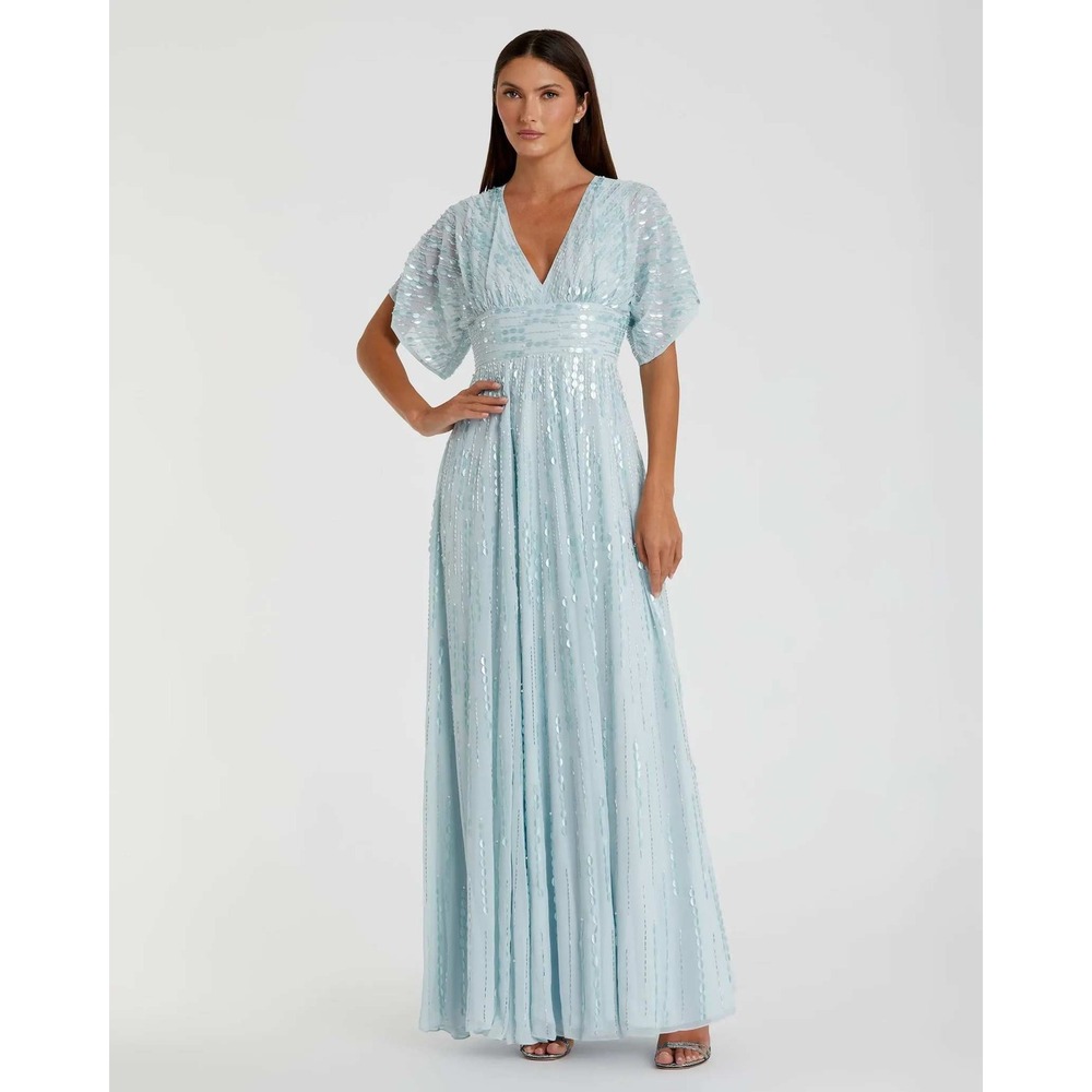 Mac Duggal Gown Womens 12 Light Blue NWT Sequin Beaded Flutter Sleeve Formal